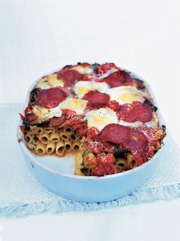 Oven-baked rigatoni with wild boar salami