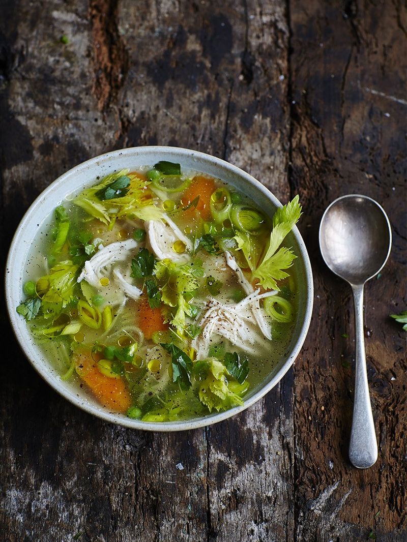 Poached chicken and vegetable soup