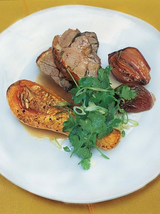Pot-roasted shoulder of lamb with roasted butternut squash and sweet red onions