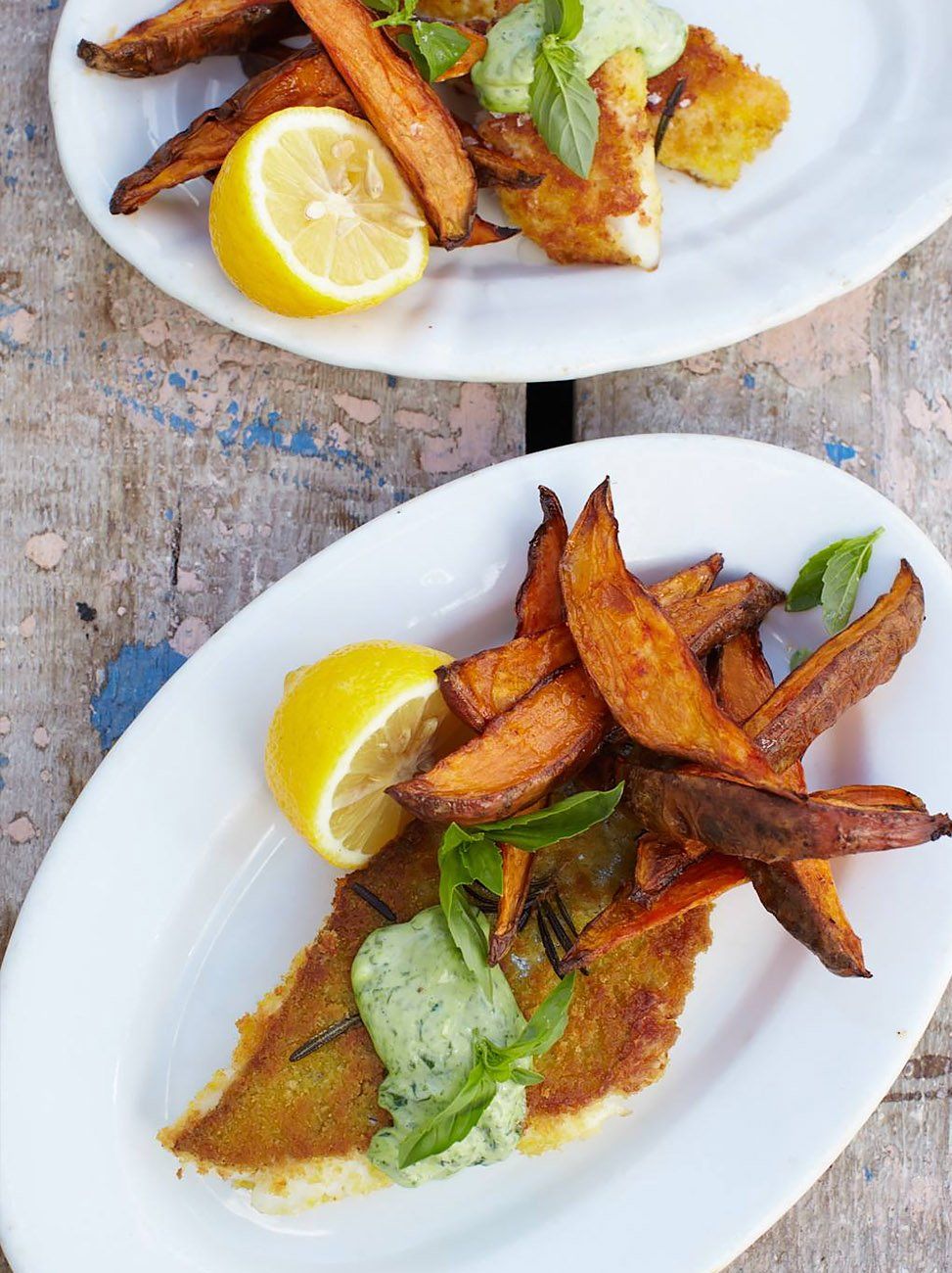 Pouting fish fingers sweet potato chips cheat s basil mayo