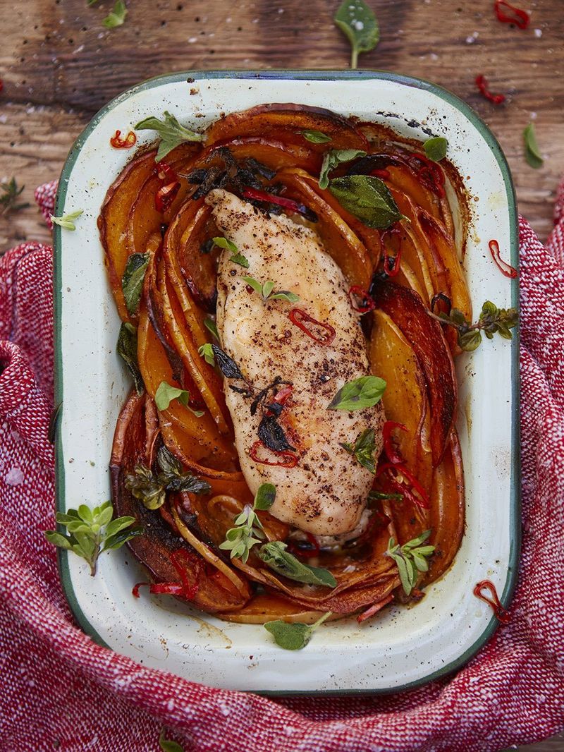 Roasted chicken breast with creamy butternut squash and chilli