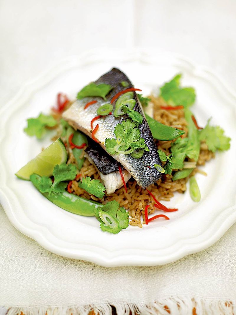 Steamed Thai-style sea bass and rice