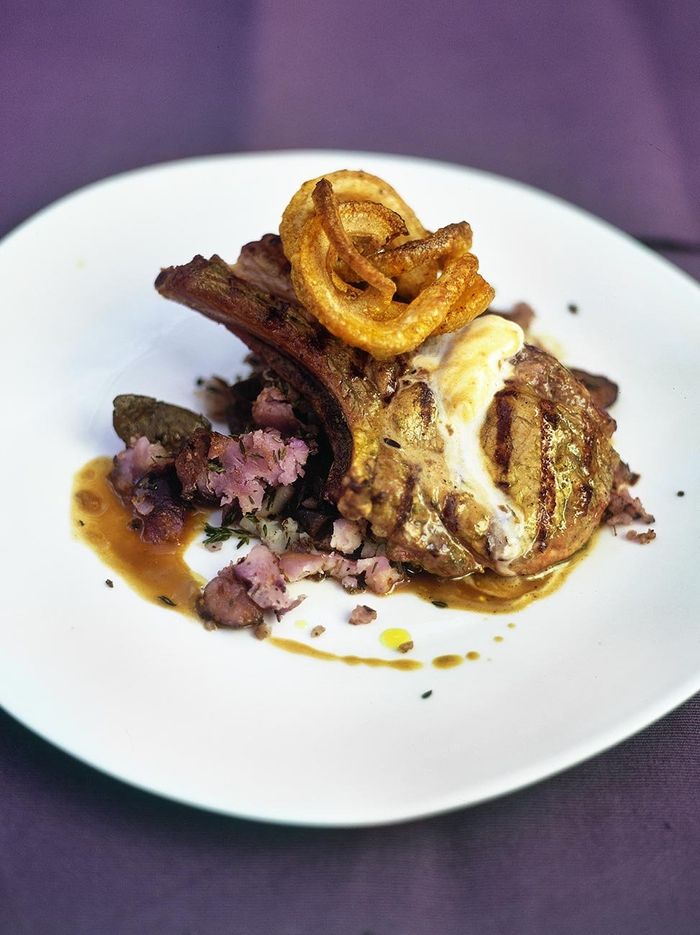 The best pork chops with fresh bay salt, crackling and squashed purple potatoes
