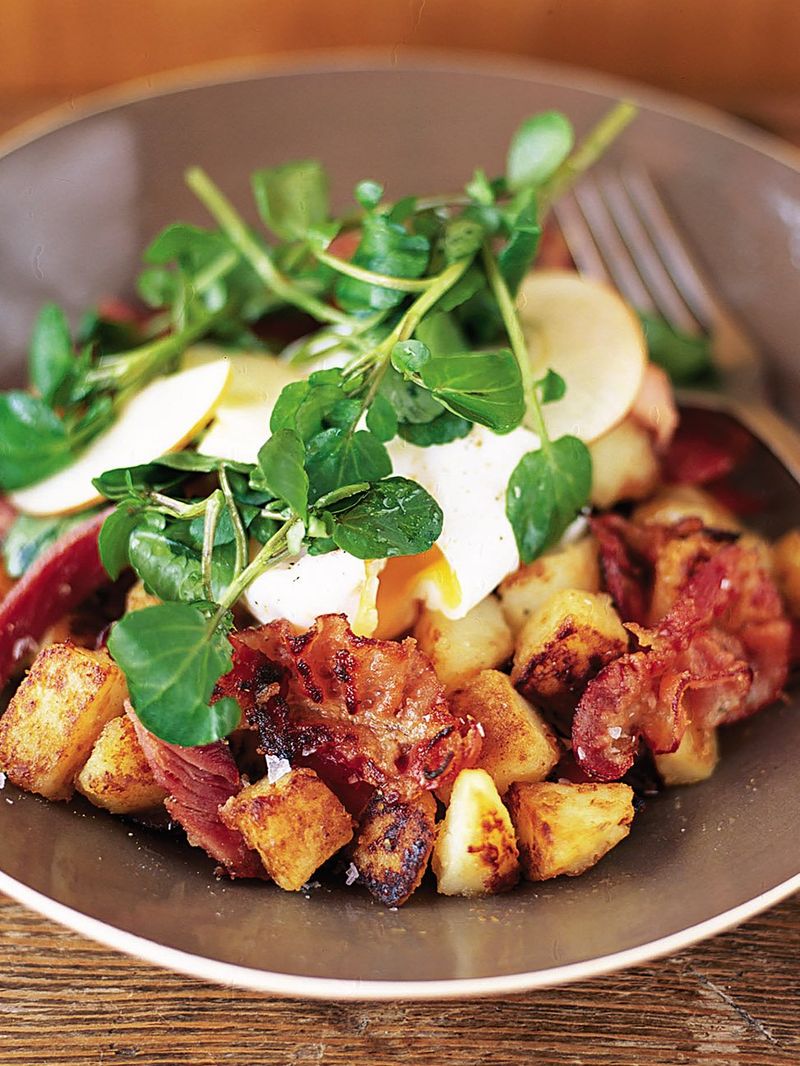 Pancetta hash with eggs and apple salad