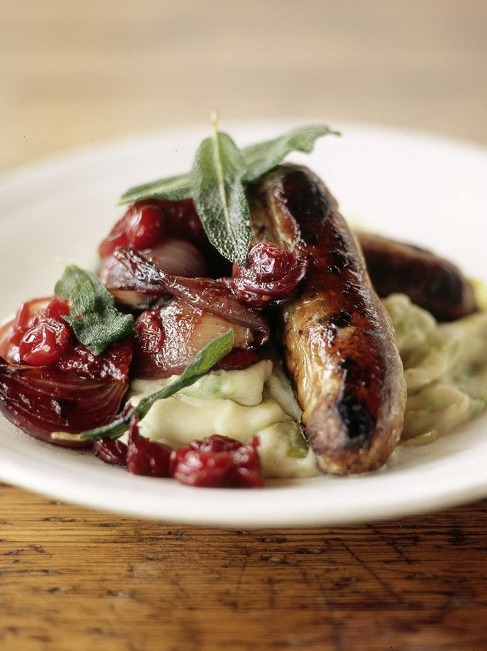 Sausages with pan cooked chutney and leek mash