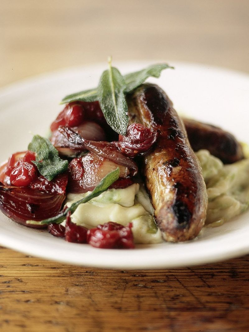 Sausages with pan cooked chutney and leek mash