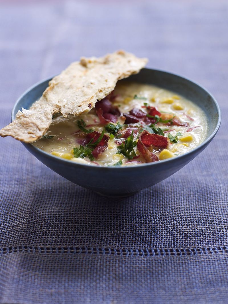 Corn chowder with a homemade chilli cracker
