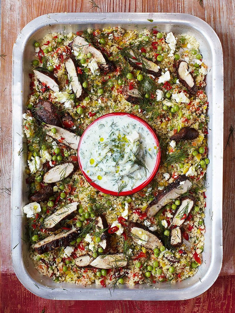 Gorgeous greek chicken with herby vegetable couscous & tzatziki