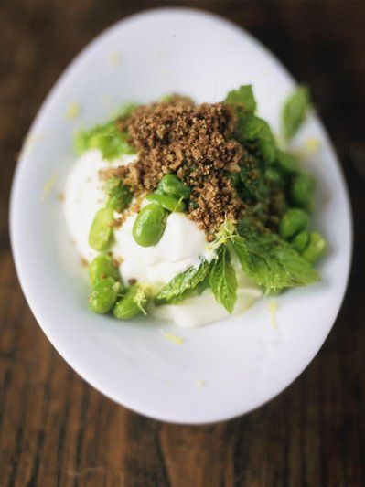 Moroccan style broad bean salad with yoghurt and crunchy bits