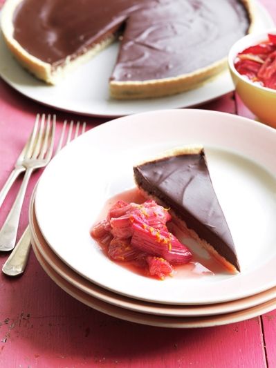 Vegan chocolate tart with rhubarb