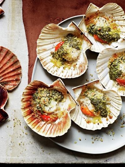 Grilled scallops with anchovy, mint & coriander