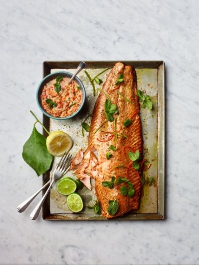 Soy-baked salmon with zingy salsa