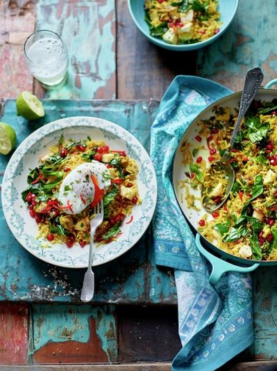 Spiced veggie rice with poached eggs