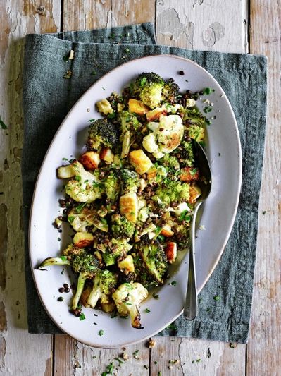 Roasted brassicas with puy lentils & halloumi
