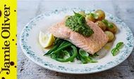 Salmon &#038; pesto-dressed veg: Jamie Oliver