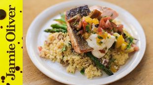 Pan-fried salmon with tomato couscous